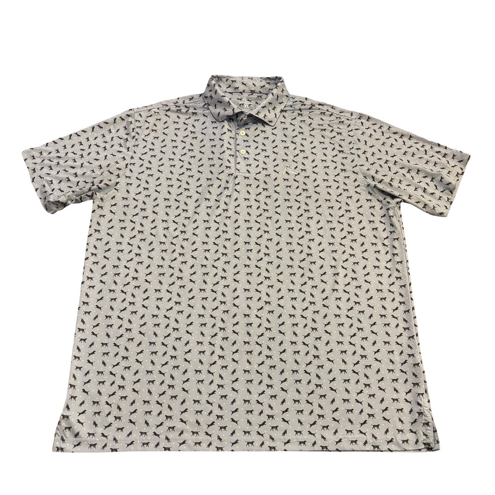 Rhoback Mens XL Performance Golf Polo Blue Grey Black Lab Tennis Ball Print